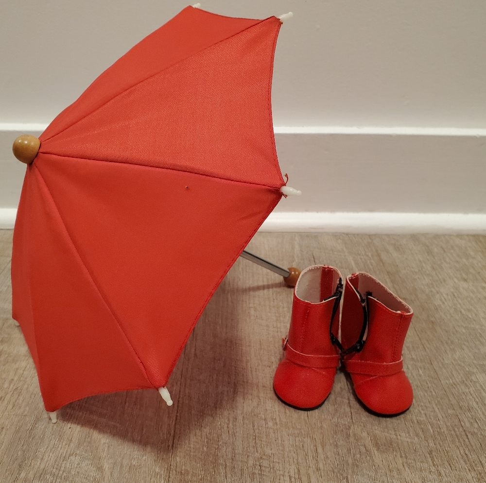 Pleasant company American Girl Molly Red Galoshes Rain Boots & umbrella